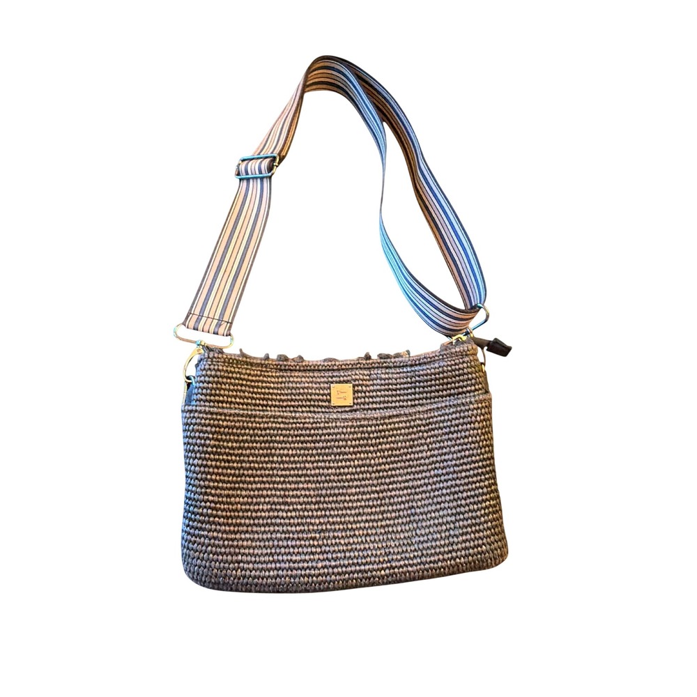 Think Royln Crossbody Bag Grey Woven Raffia Striped Webbing Strap Life on Fly